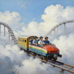 hyperrealism oil painting of a rollercoaster wagon in the sky, clouds