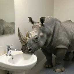 a rhinoceros in a stalinist style bathroom, by mini dv camera, very very low quality, heavy grain, very blurry, accidental flash, caught on trail cam