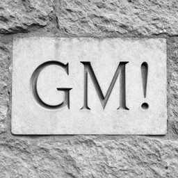 inscription gm! on a stone wall in a poor area, black and white