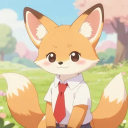 a cute anthropomorphic fennec fox girl anthro wearing a red tie, park background, very anime!!! kawaii!! furry!! intricate details, aesthetically pleasing pastel colors, scenic background, art by conrad roset and ilya kuvshinov. trending on deviantartstation