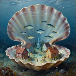 underwater city with fish citizens inside!! the seashell, small scandinavian!!! houses, little people!!!, by jacek yerka by levitan, surrealistic painting, masterpiece, oil painting, sharp focus, highly detailed, intricate, smooth, 8 k,