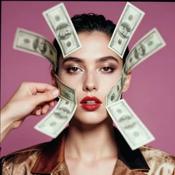 extremely detailed studio closeup portrait of a fashion model getting hit in the face by cash money. slow motion, surreal photograph, lo - fi, polished look, solid background, silly and serious, hermes ad, fashion photography, toiletpaper magazine by pierpaolo ferrari and maurizio cattelan, 3 5 mm photograph, colourful, david lachapelle, canon eos c 3 0 0, 8 k, medium - format print