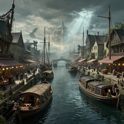 cinematic, panorama, marketplace canal, boats, people, hybrid from the elden ring and art direction by darius zawadzki, sharp focus, highly detailed, wideshot ultrawide angle epic scale, dynamic dramatic ighting, shadows, cinematic atmosphere, artstation, hyperrealistic 3 d digital art, octane render, 8 k 4 k uhd image