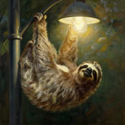 a sloth hanging on a lamp post, detailed painting, epic lighting, by ilya repin, phil hale and kent williams