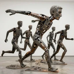 a contemporary art sculpture of 5 tall man running with long arm and a big head, in the style of cesar baldaccini, tinguely, arman, medium shot, busy, made of intricate metal piece, thick paint, intricate, dirty, leds, indoor, studio lighting, hyper realistic, detailed, 8 k