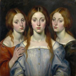 a painting of a woman with two other women, an oil on canvas painting by tom bagshaw, featured on cgsociety, figurative art, ilya kuvshinov, pre - raphaelite, detailed painting