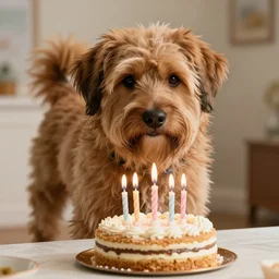 large brown shaggy dog out a birthday cake, photorealistic, 3 5 degree shot, movie still, 4 k