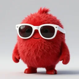 3 d render of completely red hairy friendly antropomorphic cartoony creature wearing white ray - ban shades, full body, simple, smile with no nose, no ears, cute, white background, unreal engine 5 hdr