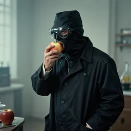plague doctor eating an apple, 4 k, still, 3 5 degree shift