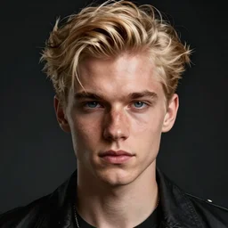 face shot portrait of attractive blonde powerful young man with black jacket, by greg rutkowski, by zdzislaw beksinski, very detailed, ornate, intricate, octane render, dark color lighting, volumetric lighting, 8 5 mm