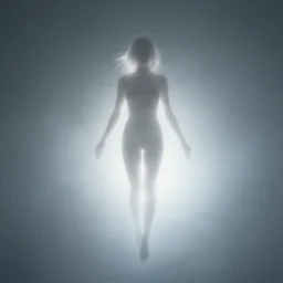 a blurry aura glowing in a white mist, human floating