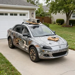 various materials alien car-shaped trash hull on driveway