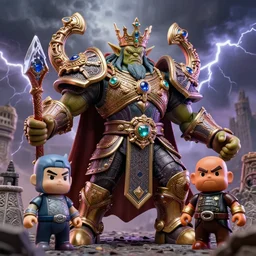 hyperrealistic rendering, epic boss battle, ornate supreme orc goblin overlord, jewel crown, war armor battle, by art of skinner and richard corben, product photography, collectible action figure, sofubi, hottoys, storm clouds, outside, lightning