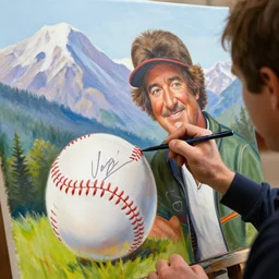 a closeup photorealistic photograph of bob ross painting an image of kenny powers autographing a baseball on a canvas. mountains and trees. film still. brightly lit scene. this 4 k hd image is trending on artstation, featured on behance, well - rendered, extra crisp, features intricate detail, epic composition and the style of unreal engine.