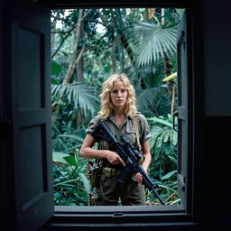 film still, extreme far view, julia louis - dreyfus, jungle, vietnam door gunner, apocalypse now, associated press, 2 6 mm, kodak ektachrome, blue tint expired film