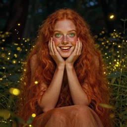 infp young woman, smiling amazed, golden fireflies lights, sitting in the midst of nature fully covered, long loose red hair, intricate linework, bright green eyes, small nose with freckles, oval shape face, realistic, expressive emotions, dramatic lights spiritual scene, hyper realistic ultrafine art by michael cheval, jessica rossier, boris vallejo