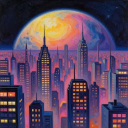 cloisonnism view of city with neon - lit windows on a planet in no mans sky, masterpiece, asymmetrical, rule of thirds, beautiful composition, bekskinski, syd mead, moebius