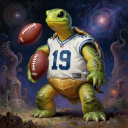 a turtle that is standing on two legs, wearing an nfl jersey, holding a football, cosmic horror painting, elegant intricate digital painting artstation concept art by mark brooks and brad kunkle detailed