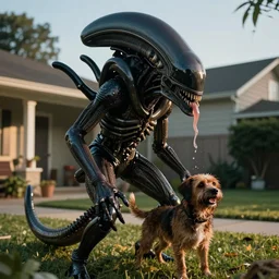 drooling smooth xenomorph from the movie aliens IV with a small wet dog in its mouth. Suburban backyard. Production photograph from horror sci-fi film.