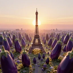sunrise over a microscopic city of eggplants, millions of eiffel towers, macro photography, digital art by greg rutkowski, trending on artstation