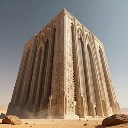 close shot looking up at giant immense squared crematorium gothic architecture advanced technology scifi architectural structure desert planet,