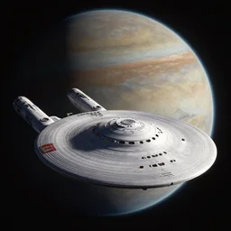 hyperrealistic render of the enterprise c from star trek with nacelles behind the saucer section orbiting a gas giant planet hyperdetailed, main focus on the enterpise from star trek, artstation, cgsociety, in the style star trek 8 k