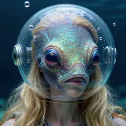 marine alien portrait by julie bell, with intricate fish skin patterns, iridescent eyes, glass bubble helmet, escaping air bubbles, blonde hair, detailed!, very sharp!!!