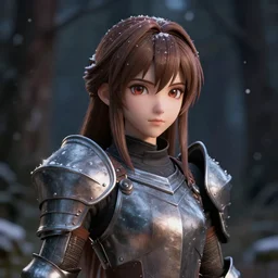 portrait focus of knight beautiful 3D anime girl, wood armor wearing, dark forest background, snowing, bokeh, inspired by Masami Kurumada, digital painting, high contrast, unreal engine render, volumetric lighting, high détail