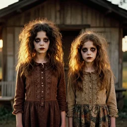 two beautiful but creepy siblings with wild, untamed hair standing in a cabin in the 1 9 7 0 s, she is undead, seventies, golden hour, painterly, offset printing technique, by alexandre cabanel, if you see her you die in seven days