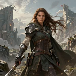 An epic fantasy comic book style portrait painting of a warrior woman with a long brown hair wearing a cloak that waves in the wind as she holds onto a stave in front of an epic fantasy landscape, unreal 5, DAZ, hyperrealistic, octane render, cosplay, RPG portrait, dynamic lighting