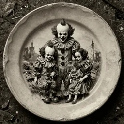 vintage photography, monochrome plate, family of horror clowns mourning, deteriorated old photo, grunge, antique, light sepia tone, horror, madness, catastrophe, dystopia, apocalypse, digital art ; hyperrealistic