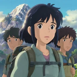 a 3 d film animation still portrait of a 1 9 5 0's adventurer hiker girl atop a big mountain, closeup at the faces, finely detailed features, water, sun, gapmoe yandere grimdark, trending on pixiv fanbox, painted by greg rutkowski makoto shinkai takashi takeuchi studio ghibli, pixar 3 d, renderman