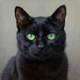 spectacular oil painting of a black cat with green eyes
