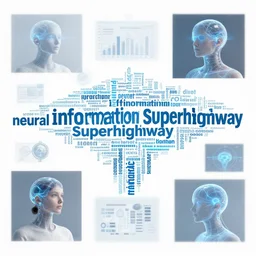 neural information superhighway, word clouds and images, projections, futuristic neural interface vibes
