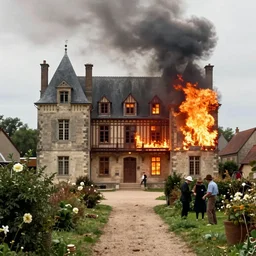1 9 7 0 s movie still of a heavy burning french style manor in a small french village by night, rainy, foggy, cinestill 8 0 0 t 3 5 mm, heavy grain, high quality, high detail, dramatic light, anamorphic, flares