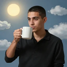 portrait of a ( ( ( una taza de cafe grande ) ) ), ( ( bellaco guapo joven cubano pelo buzzed camisa negra ) ), nubes y magia, el sol, concept character, by greg rutowski and mucha and bierstadt and remington, trending on artstation