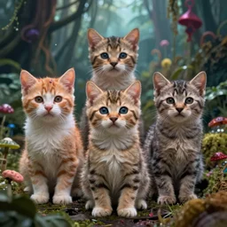of a group of beautiful Giger Gaudi Hyperrealistic kittens in a dark scary smokey surreal jungle, macro lens, ultra shallow depth of field, highly detailed, digital painting, trending artstation, concept art, vibrant colors, illustration, cinematic lighting, vibrant colors, photorealism, epic, octane render