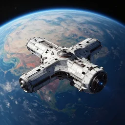 no mans sky spaceship, detailed spaceship, high orbit above colorful planet surface, cinematic lighting, photorealistic, space photography, octane render by tomino - sama