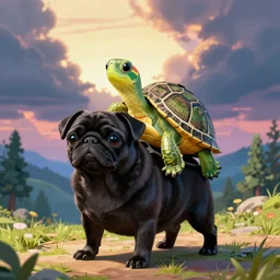 a cute little turtle sitting on the back of a black pug, digital art, colourful