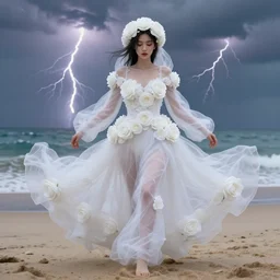 symmetrical wonderful lady with a white large magnificent more and more vaporous, wrapped, hight decorated, detailed, white roses semi transparent cotton dress, she is moving in the sand near the ocean, during lightning storm, octane render, 8 k