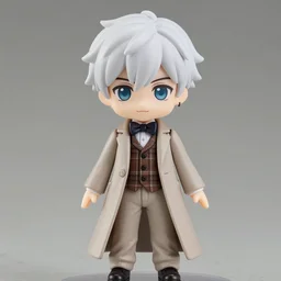 nendoroid aziraphale from good omens, good omens tv series, white curly short hair, beige suit, long coat, brown tartan vest, bow tie, michael sheen