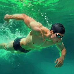 male swimmer, underwater background, digital painting, green neon light, detailed, highly detailed, smooth, sharp focus, illustration by ruan jia and mandy jurgens and william - adolphe bouguereau, artgerm