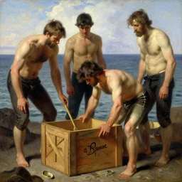 muscular marine man inspecting a wooden crate painting by gaston bussiere, craig mullins, j. c. leyendecker, tom of finland