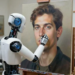robot artist painting a self - portrait on a canvas. intricate, highly detailed, photorealistic, film still, by alexandros pyromallis, gil elvgren, sachin teng.
