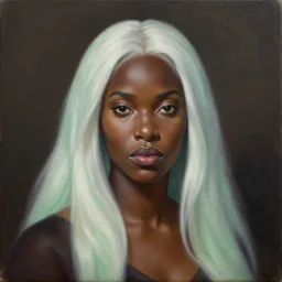 a detailed matte oil on canvas head on symmetrical portrait of black skinned woman with long white and ( ( ( pale greenish ) ) ) hair, clothed by charlie bowater, lise deharme, wlop, trending on artstationhd, dungeons and dragons art critical role