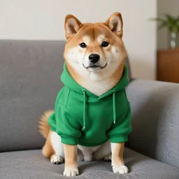 a Shiba Inu wearing a green hoodie sitting on a couch, photo, trending on artstation, HDR, nicely detailed, 8k
