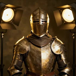 portrait of a man as a knight in armour wearing an open helmet, studio lighting, dark texturified background, photo realistic style, multiple lights, yellow ocre tint dominant