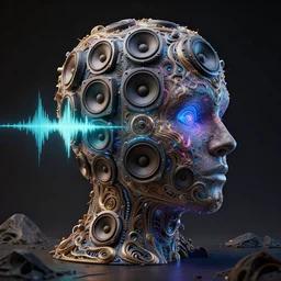 a highly detailed vfx landscape of recursive speakers forming a 3 d head. 🔊 head. amplitude and frequency wave visualisation. bioluminescent metamorphic synaesthesia. graffuturism. ornate, hyperrealistic, octane render, chiaroscuro, inspired by greg rutkowski, android jones, beeple, shaun tan, frostbite 3 rendered