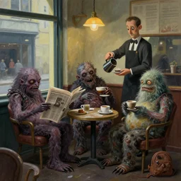 hideous terrifying ghastly foul cronenberg monsters relaxing at a cafe. ( a waiter is pouring coffee. one monster is reading a newspaper. painting by edward hopper, 3 d rendering by beeple, 8 k, comfy wretched mutants )