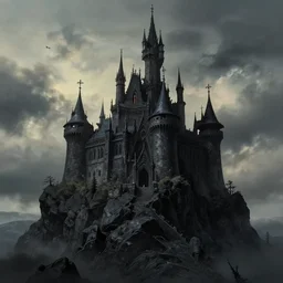 fantasy dark castle on black rock, by ghibli, pixar, disney, dark, albert bierstadt, 4 k, high detail